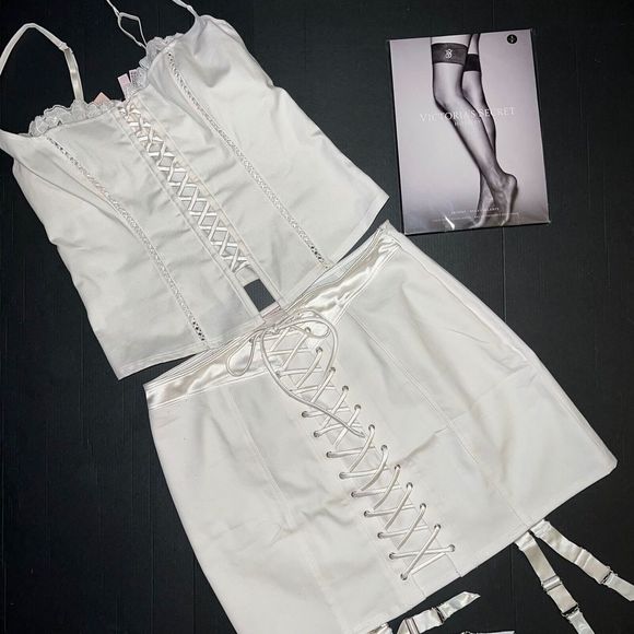 Victoria's Secret M,L CORSET SET+GARTER SKIRT CANVAS lace up CREAM WHITE BRIDAL
